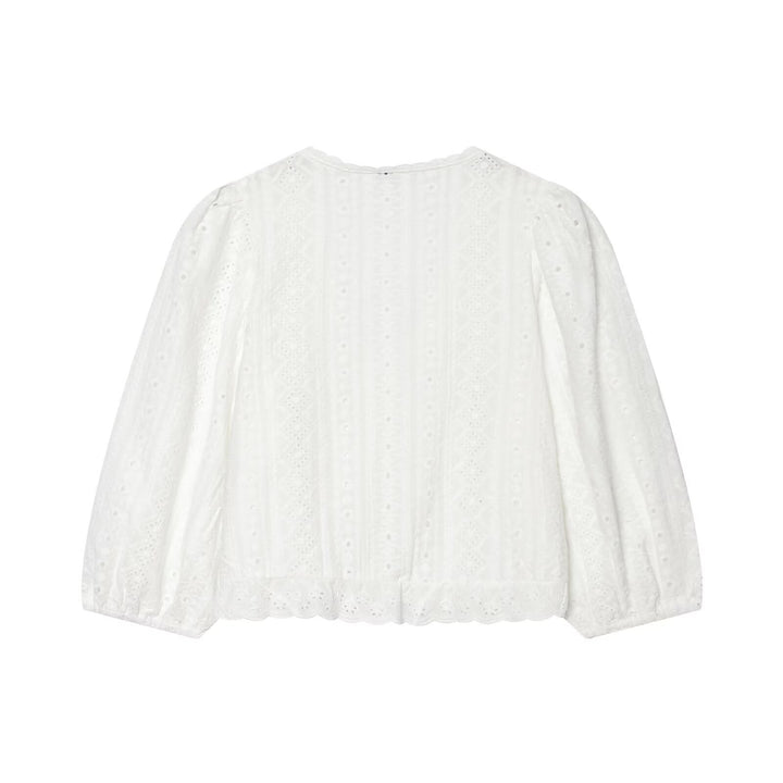 Damen Baumwoll-Spitzen-Cardigan mit V‑Ausschnitt, Knopfleiste und Ballonärmeln Drune