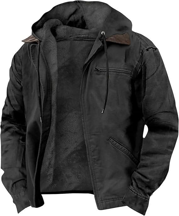 Herren Gefütterte Kapuzenjacke mit Teddyfutter, winddichtem Canvas und Reißverschlusstaschen Drune