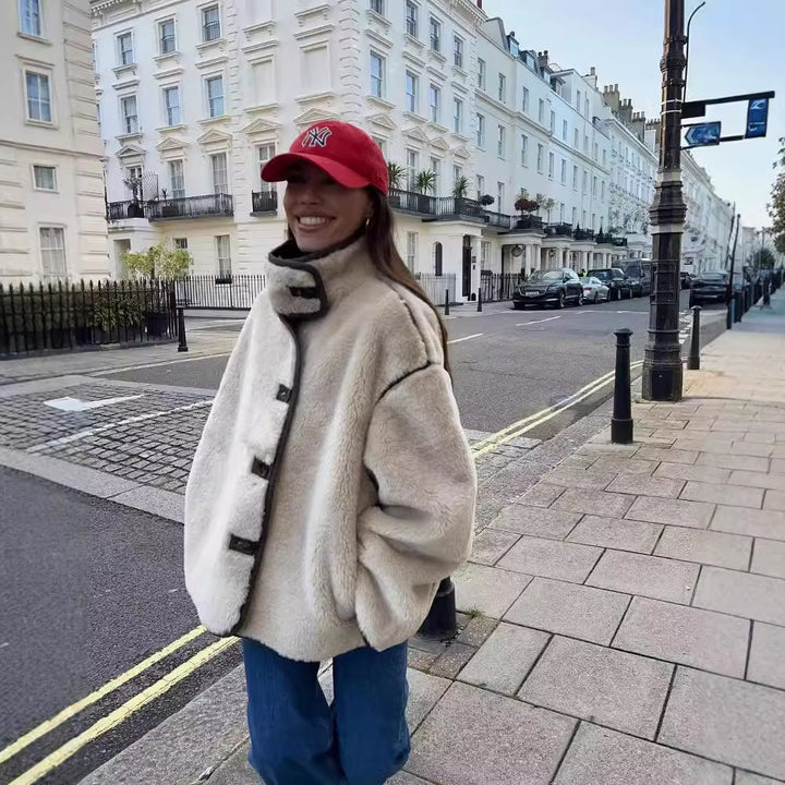 Damen 100+ kuschelige Teddy‑Jacke im Schaffell‑Look mit Stehkragen Drune