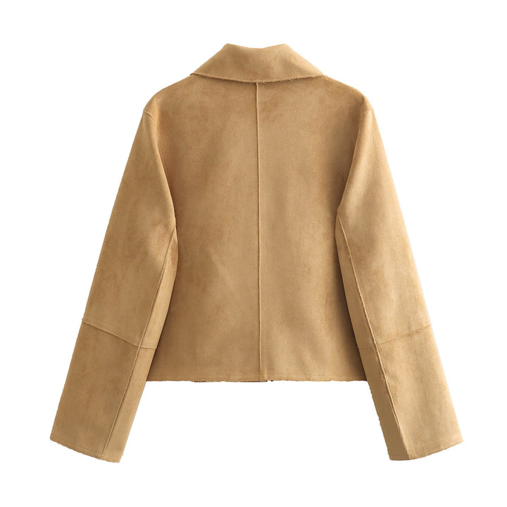 Damen nan cropped Wildlederoptik Jacke mit Hemdkragen und großen aufgesetzten Taschen Drune