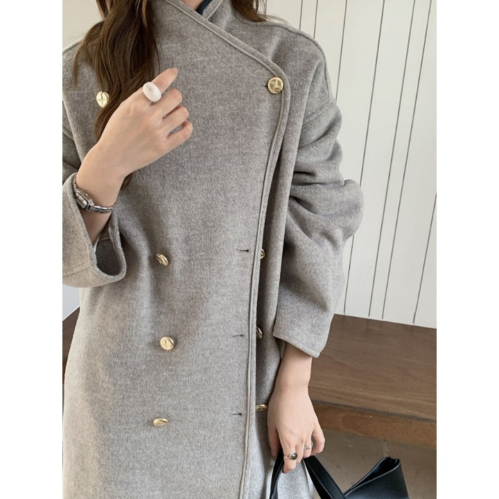Damen Oversize Wollmix-Mantel mit doppelreihiger Knopfleiste, Stehkragen und überschnittener Schulter Drune