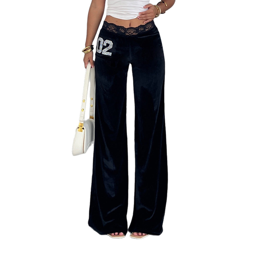 Damen weite Velvet-Palazzo-Hose mit Spitze Drune