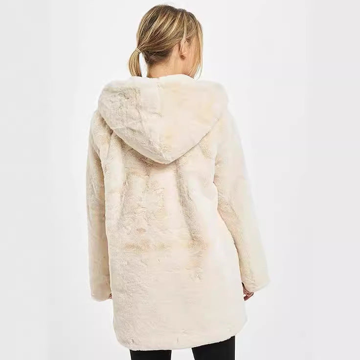 Damen Midilanger Kunstpelzmantel mit Kapuze, Teddy-Finish und verdeckter Knopfleiste Drune