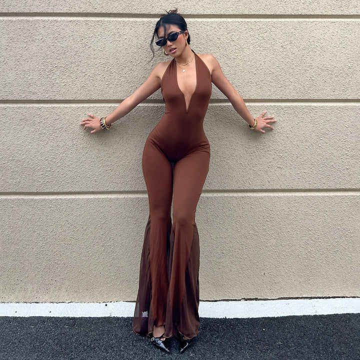 Damen Flared Jumpsuit mit V-Ausschnitt und Rückenschnürung Drune