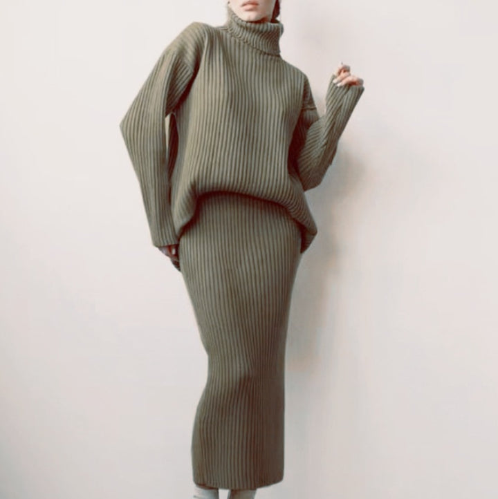 Damen Strickset mit hohem Kragen und weichem Rippdesign Drune