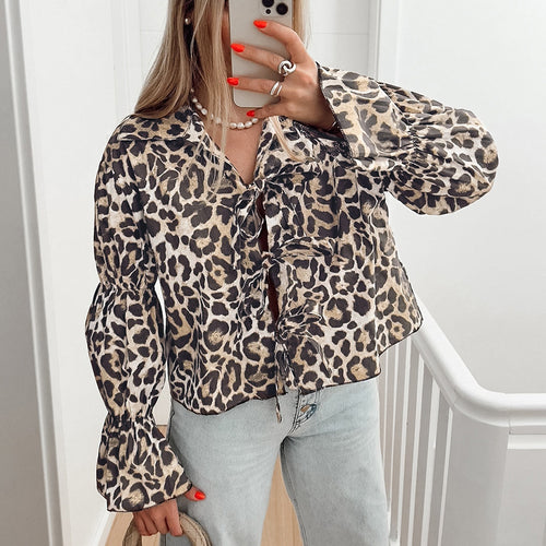 Damen Modische Bluse mit Leopardenmuster und Rüschenärmeln Drune