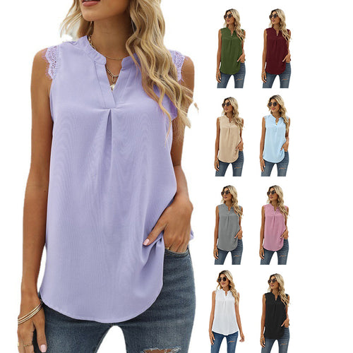 Damen ärmelloses Blusenshirt mit elegantem Spitzeneinsatz und modischen Falten Drune