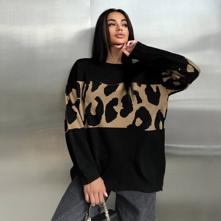 Damen Oversized Strickpullover mit Leoparden-Bahnen, überschnittener Schulter und geripptem Saum Drune