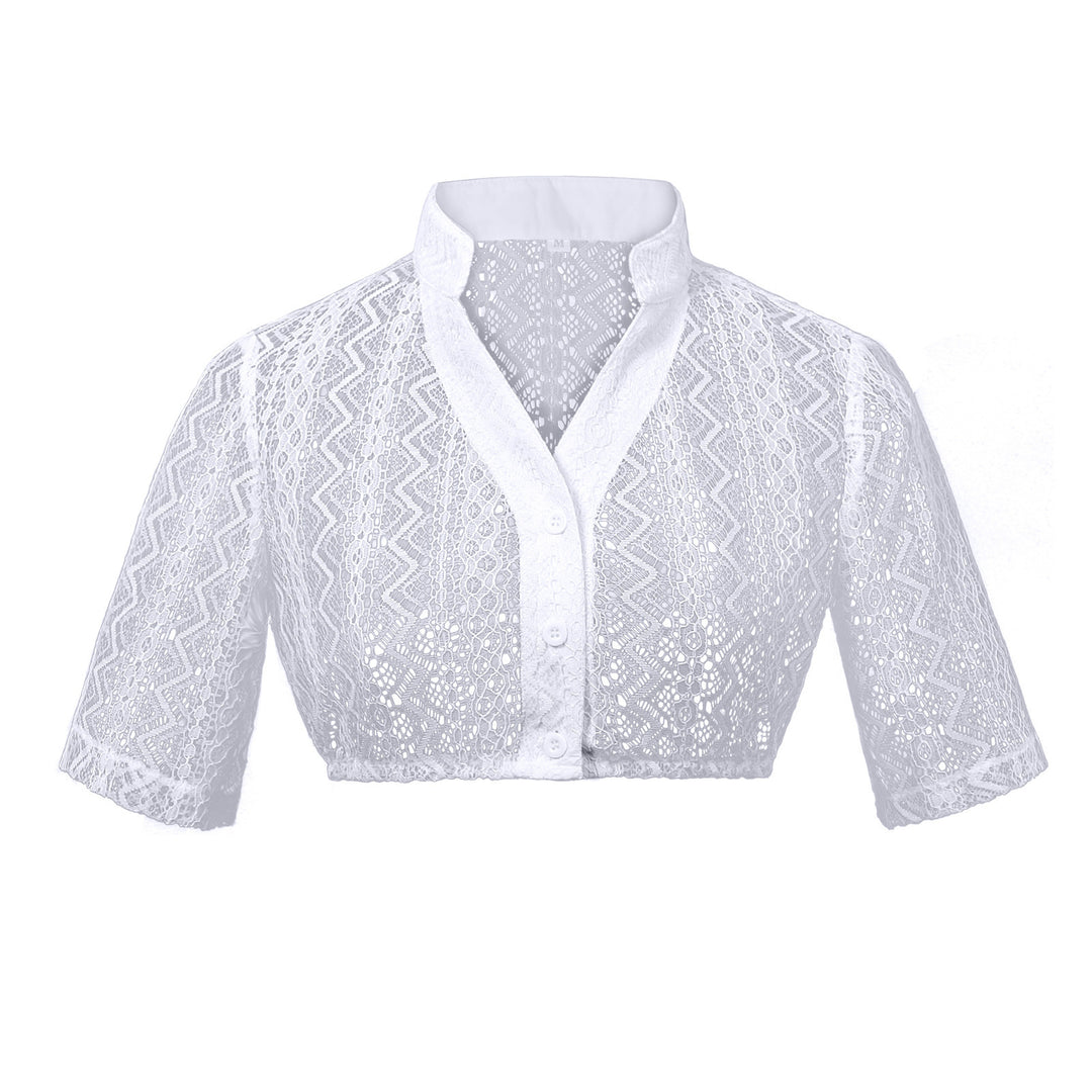 Damen nan Spitzenbolero Bluse mit Stehkragen, 3/4 Ärmeln und Bindeband Drune
