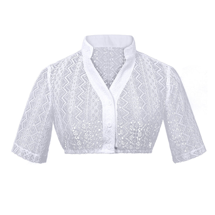 Damen nan Spitzenbolero Bluse mit Stehkragen, 3/4 Ärmeln und Bindeband Drune