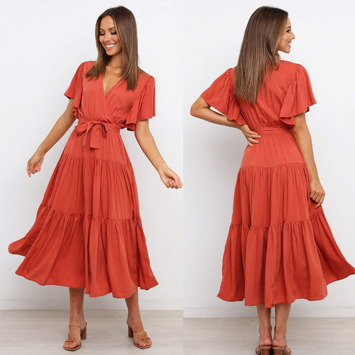 Damen Maxikleid mit tiefem V-Ausschnitt und schwingenden Ärmeln Drune