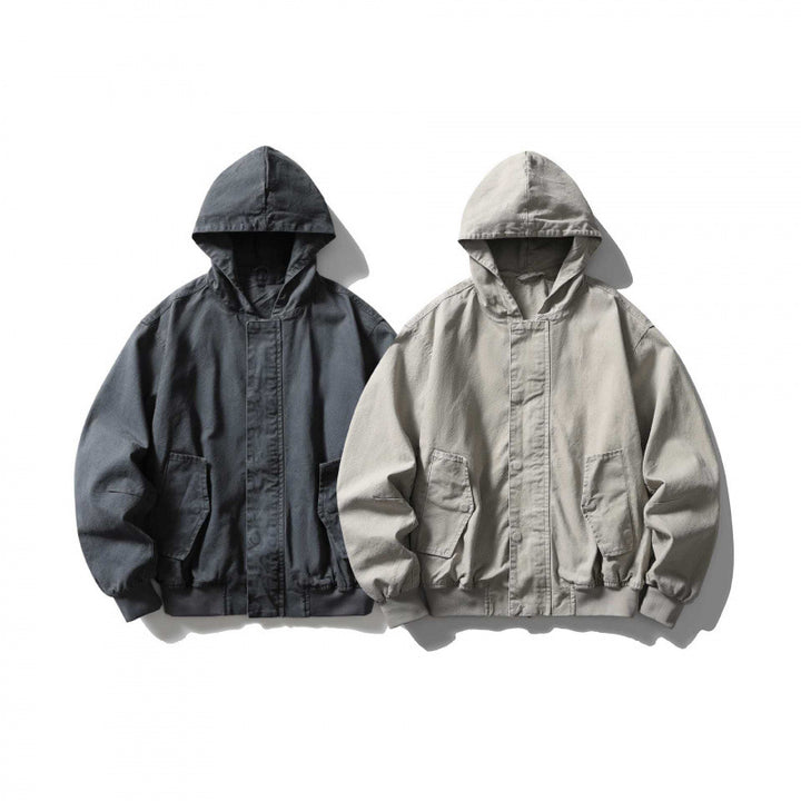 Unisex Boxy-Hoodie-Blousonjacke mit verdeckter Front und Pattentaschen Drune