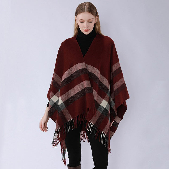 Damen Grobgewebte Cape‑Ruana im Oversize mit verlaufendem Karomuster und Fransensaum Drune