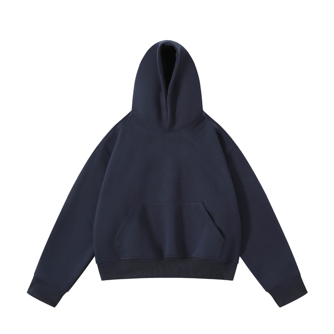 Unisex schwerer Oversize-Kapuzenpullover mit doppellagiger Kapuze Kängurutasche und breitem Rippbund Drune