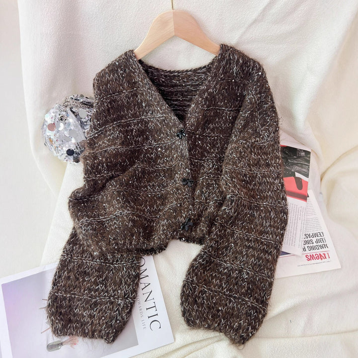 Damen luftige Strickjacke mit ballonärmel und zarten Knopfdetails Drune