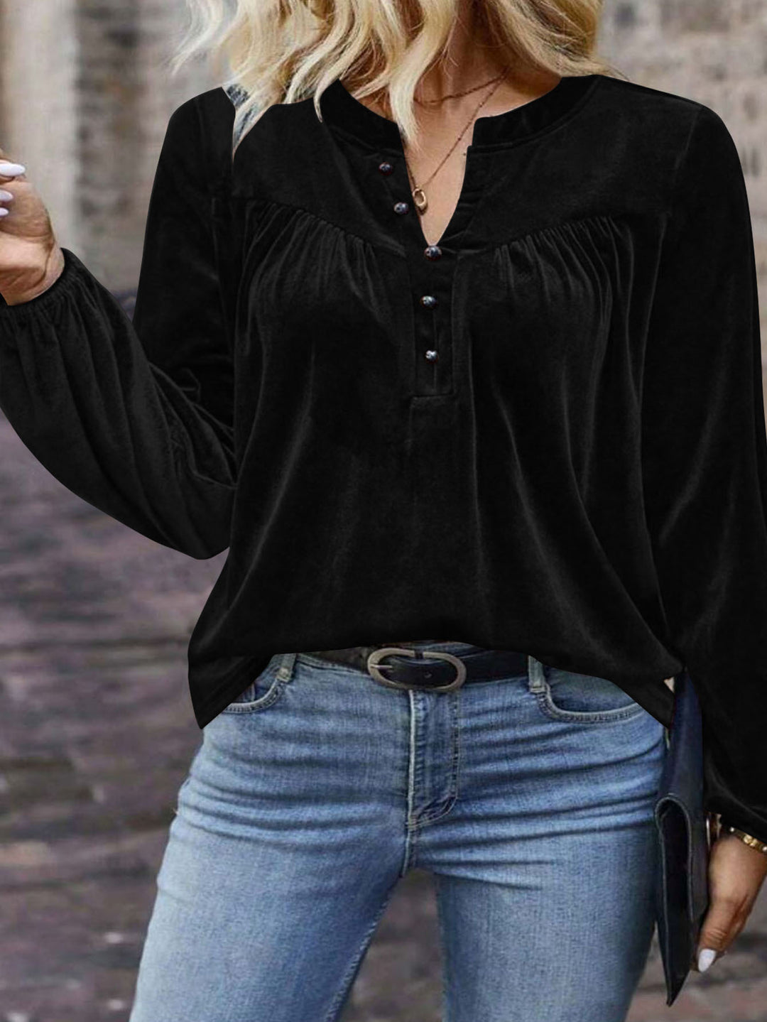Damen Samtsweatshirt mit Henley-Knopfleiste, geraffter Brustpasse und lockerer Silhouette Drune