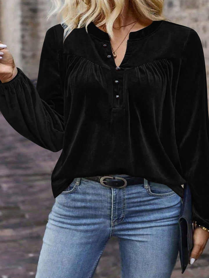 Damen Samtsweatshirt mit Henley-Knopfleiste, geraffter Brustpasse und lockerer Silhouette Drune