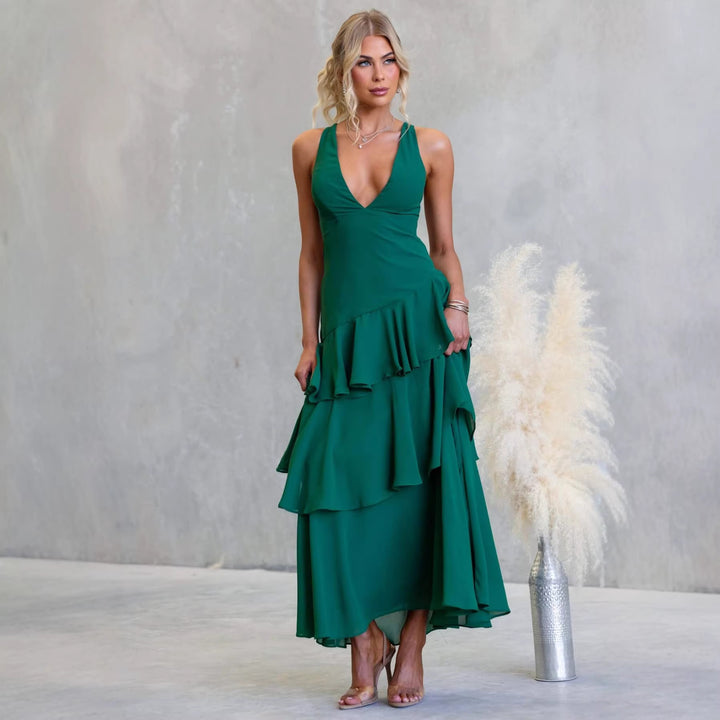Damen Maxikleid mit verführerischen Rüschenschichten und tiefem V-Ausschnitt Drune