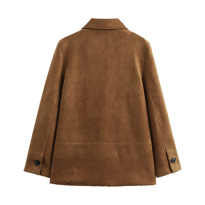 Damen elegante Wildlederjacke mit großzügigen Taschen und Knopfdetails Drune