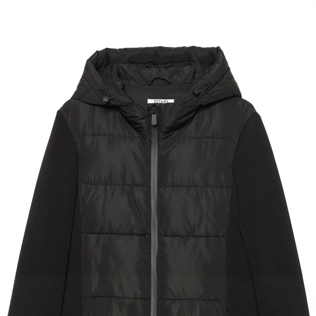 Damen Kurzjacke im Materialmix mit gesteppter Front, Kapuze und taillierendem Tunnelzug Drune