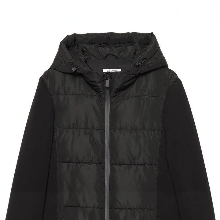 Damen Kurzjacke im Materialmix mit gesteppter Front, Kapuze und taillierendem Tunnelzug Drune