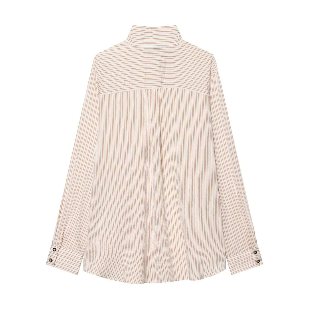 Damen Oversize-Hemdbluse mit Stehkragen, verdeckter Knopfleiste und feinem Streifenmuster Drune