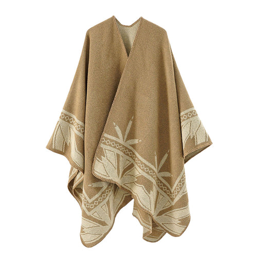 Damen Grobgewebter Umhangponcho aus Wollmix mit V-Ausschnitt und Ornamentjacquard Drune