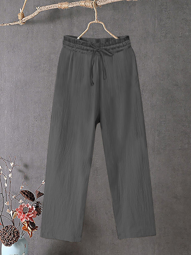 Damen Crinkle Leinenmischung Hose mit elastischem Kordelzug, gerade Beinform und lässiger Passform Drune