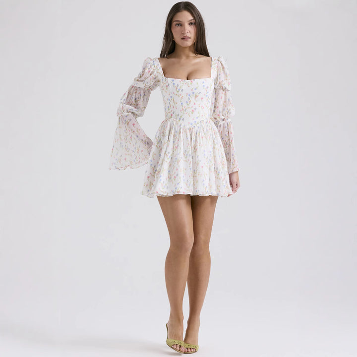 Damen Minikleid mit Ballonärmeln und floralen Mustern Drune