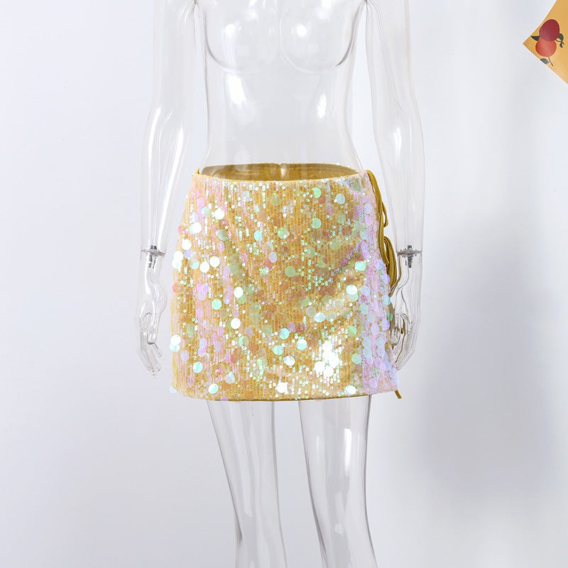 Damen Glitzernder Minirock mit fließendem Schnitt und seitlichem Rüschendetail Drune