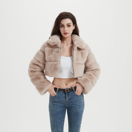 Damen Cropped Kunstpelzjacke mit horizontalen Volumenpaneelen, Steh-Umlegekragen und Reißverschluss Drune