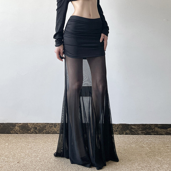 Damen Maxi-Rock mit transparentem Chiffon und gerafft Bund Drune