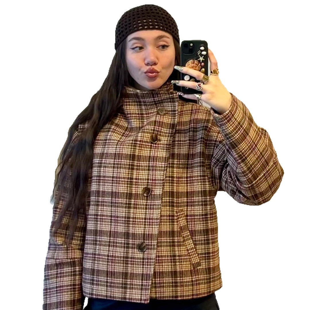 Damen Karierte Oversized-Jacke mit hohem Kragen und einzigartiger Knopfleiste Drune