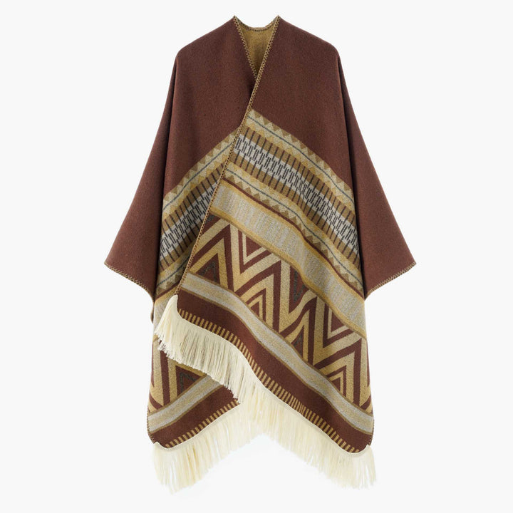 Damen Gewebter Ethno-Poncho mit Fransen und Jacquardmuster Drune