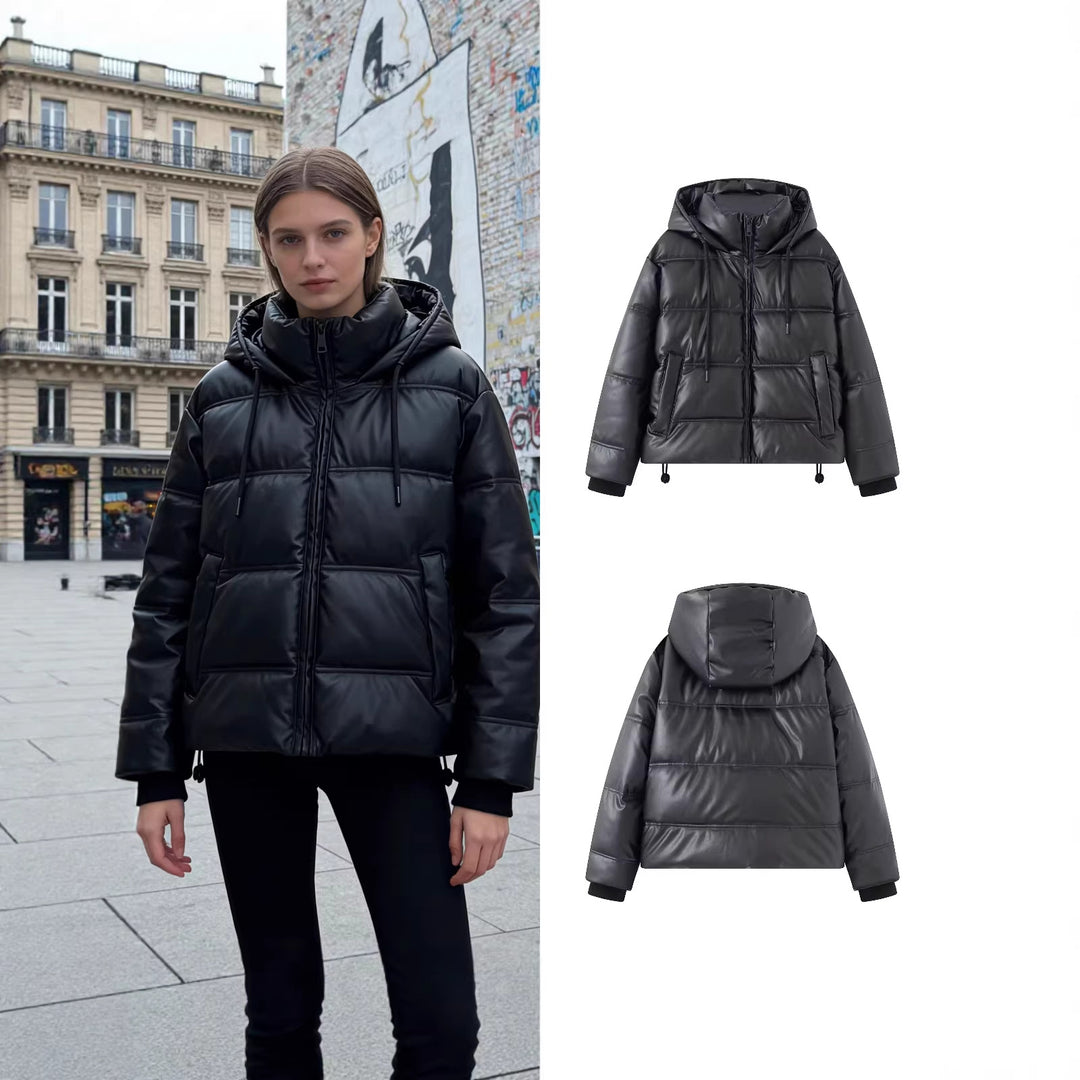 Damen Kurz gesteppte Kunstleder-Pufferjacke mit Kapuze, Tunnelzug und seitlichen Eingrifftaschen Drune