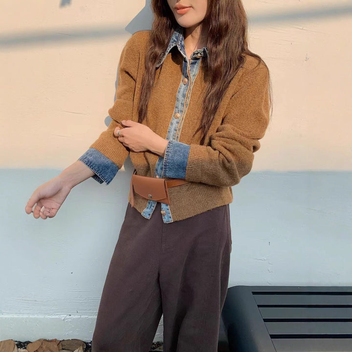 Damen lässiges Overshirt mit ausgefallenem Denim-Kragen und Knopfdetails Drune