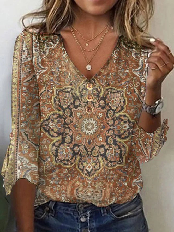 Damen Bohemian bedruckte V-Ausschnitt Bluse mit Knopfdetails Drune
