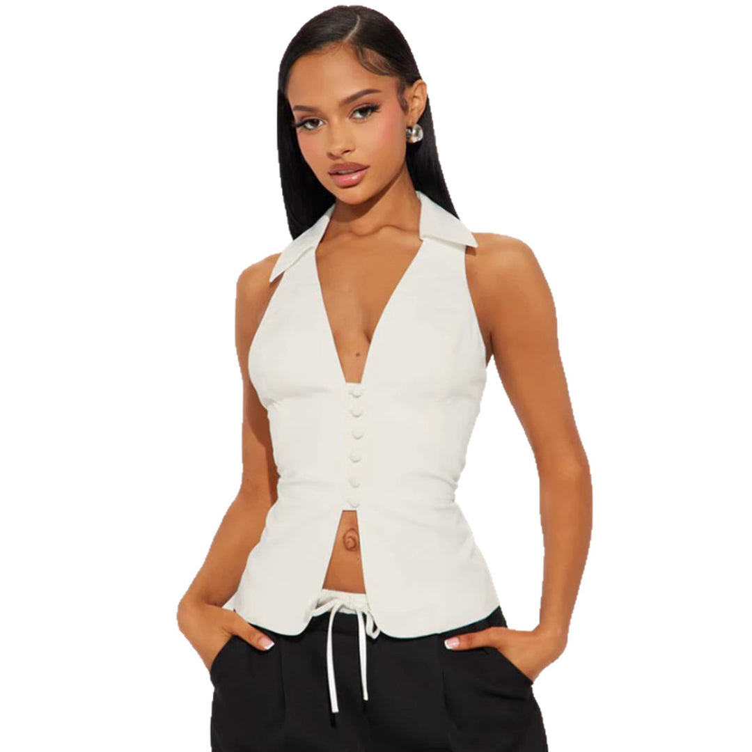 Damen elegant geschnittenes Wickeloberteil mit Knopfleiste und Kragen Drune