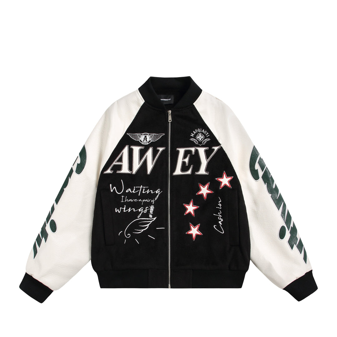 Unisex Varsity-Bomberjacke im Materialmix mit Stick- und Applikationsdetails Drune