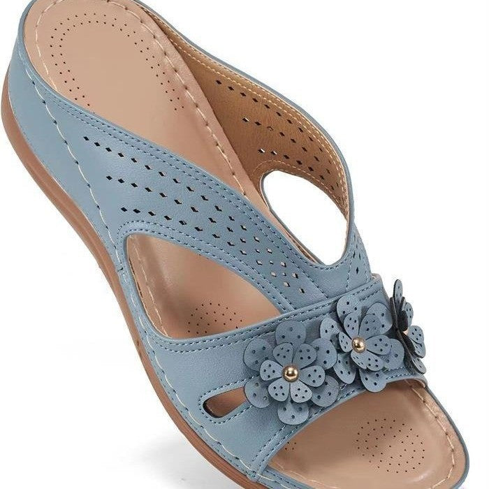 Damen Bequeme Pantoletten mit Blumenapplikation und orthopädischer Dämpfung Drune