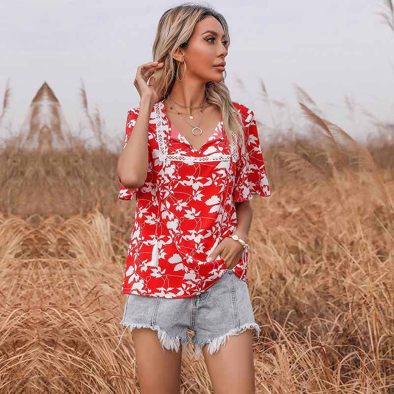 Damen Bluse mit floralem Muster und elegantem V-Ausschnitt Drune