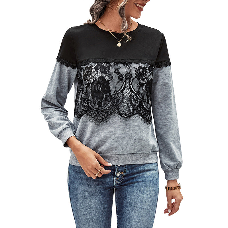 Damen Lässiges Longsleeve mit floraler Spitzenapplikation, Colorblock‑Yoke und Rundhals Drune