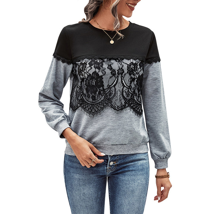 Damen Lässiges Longsleeve mit floraler Spitzenapplikation, Colorblock‑Yoke und Rundhals Drune