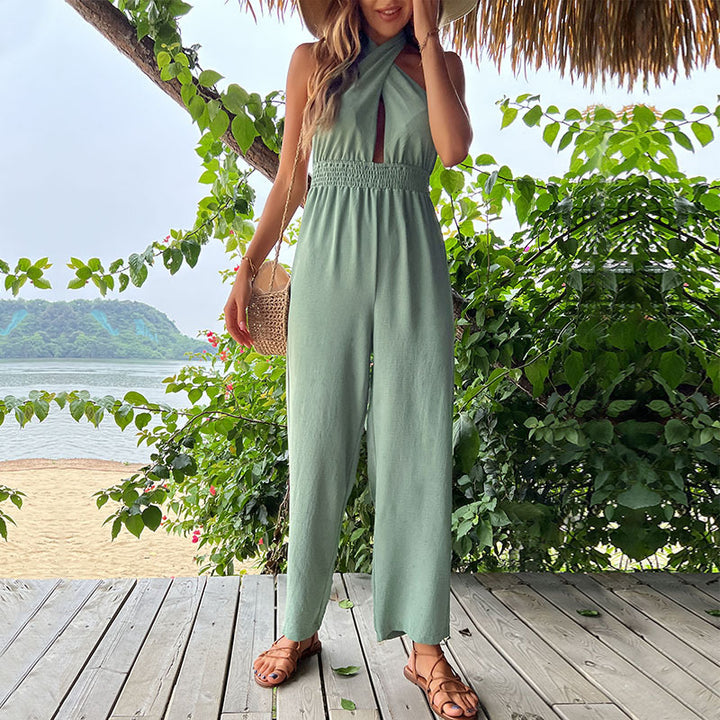 Damen Jumpsuit mit elegantem Kreuz-Ausschnitt und schmeichelndem Gummizug Drune