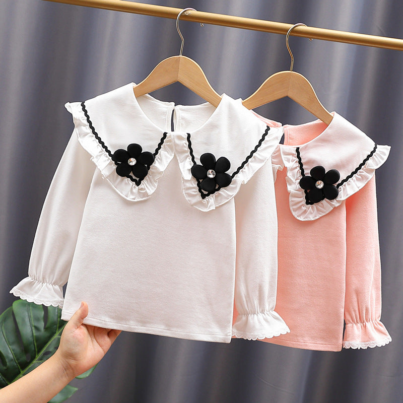 Damen Bluse mit großen Kragen und floralen Applikationen Drune