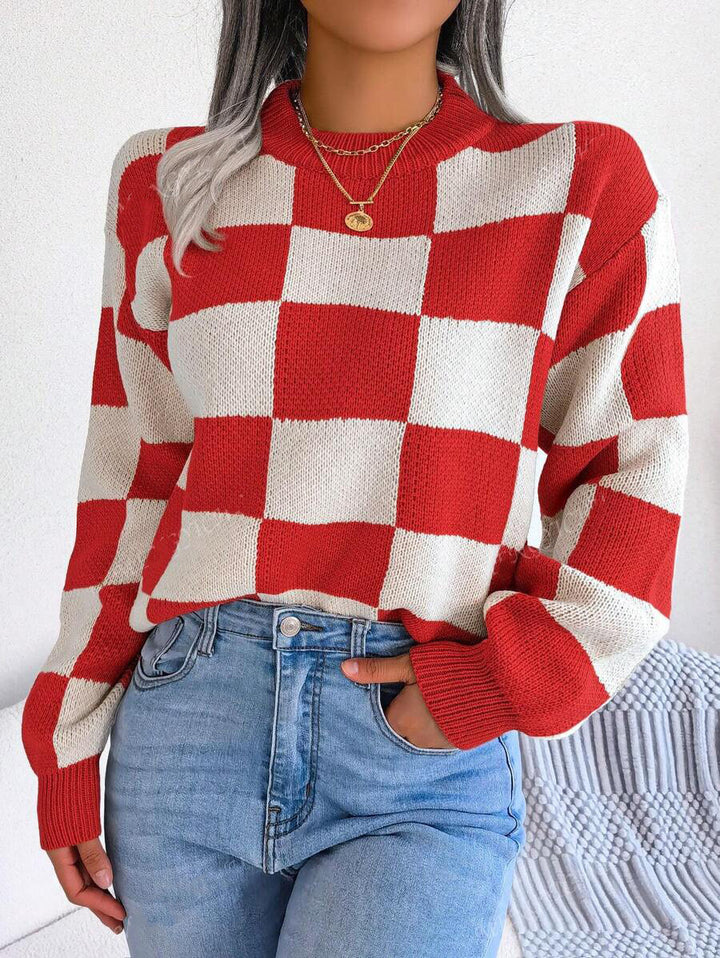 Damen lässiger pullover mit Karo-Muster und weiten Ärmeln Drune