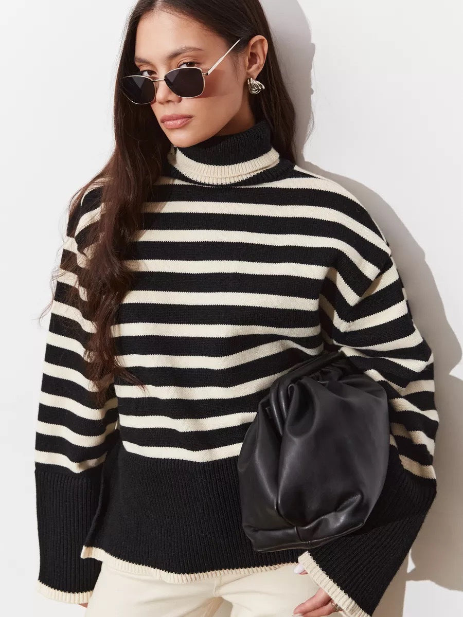 Damen Grob gestrickter Pullover mit hohem Kragen und Breton-Streifen Drune