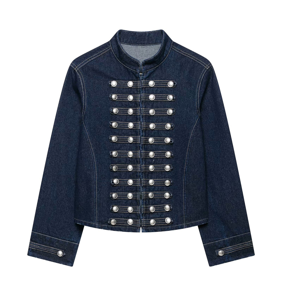 Damen Taillierte Denim‑Blazerjacke im militärisch inspirierten Marschallstil mit Zierknopfleiste Drune