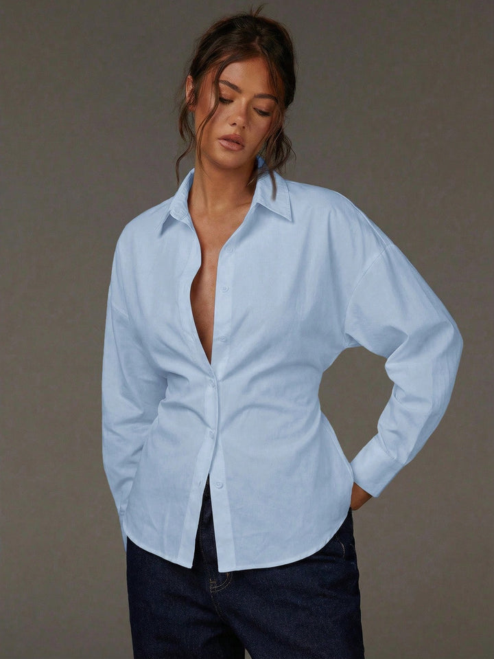 Damen Oversize Hemdbluse mit Nadelstreifen, überschnittener Schulter und taillierter Raffnaht Drune