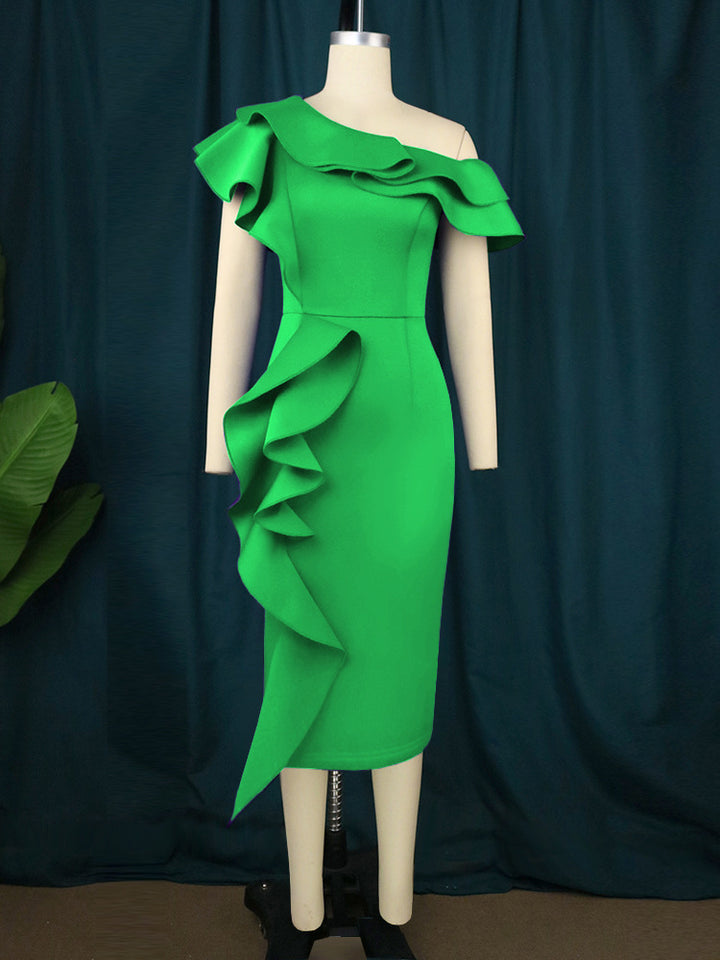 Damen Elegantes Etuikleid mit asymmetrischem Rüschendesign Drune